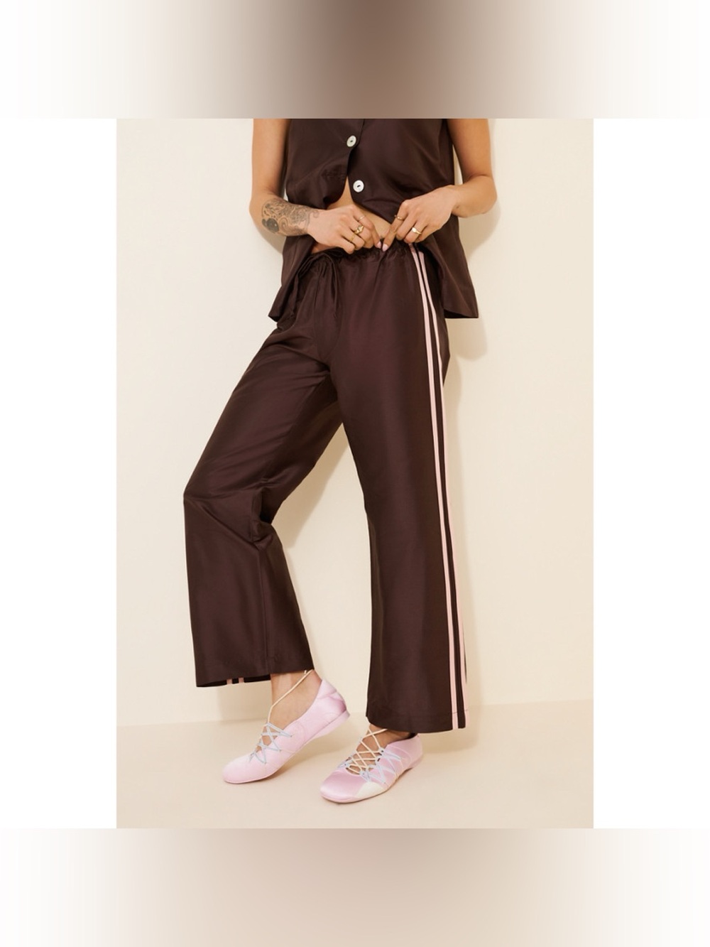 DONNI x Nuuly Silk Taffeta Track Pants Brown Pink Small - Picture 12 of 12